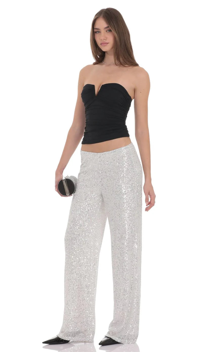 Straight Sequin Pants in Silver