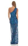 Sequin One Shoulder Maxi Dress in Blue