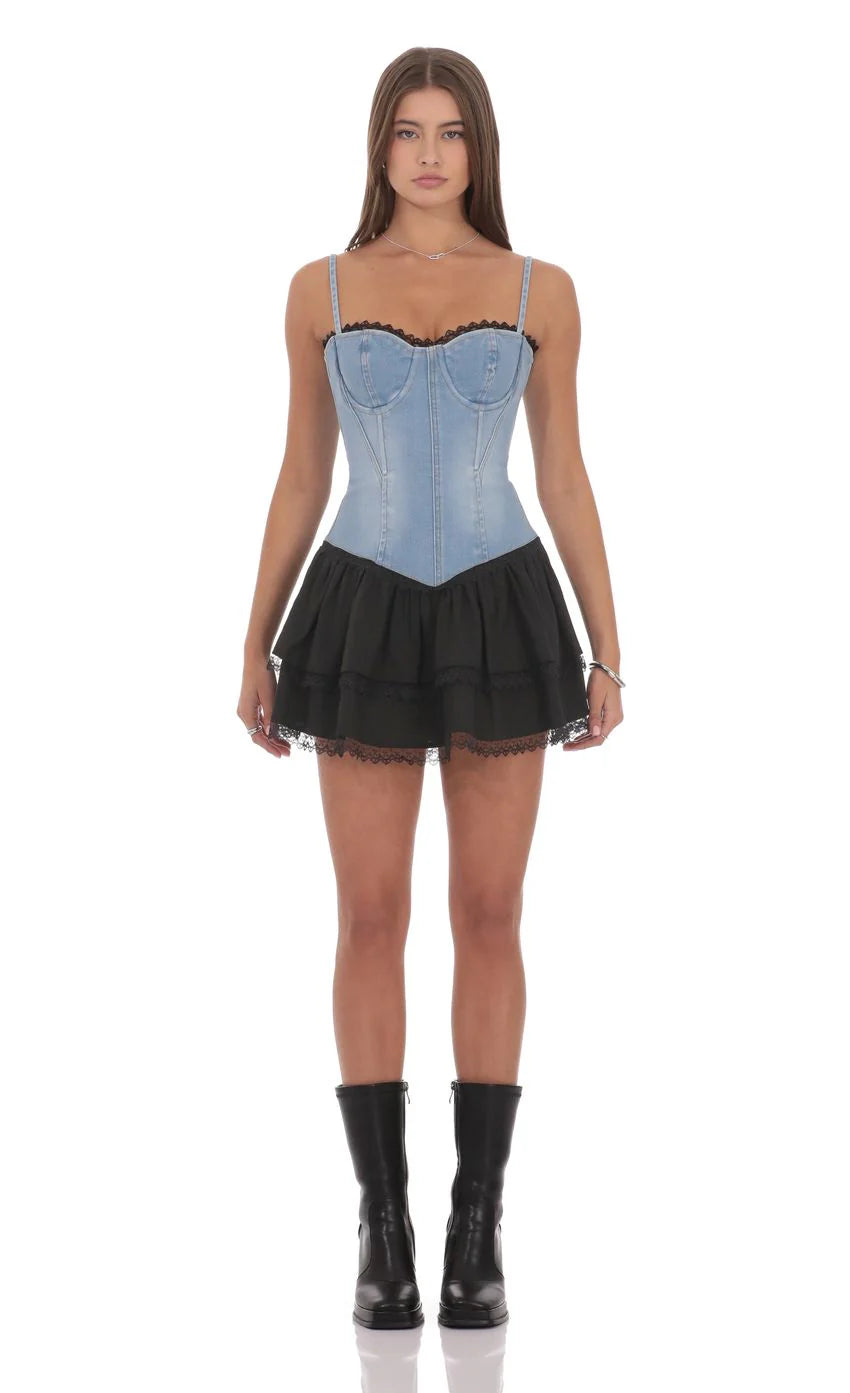 Two Toned Denim Ruffle Dress in Blue and Black