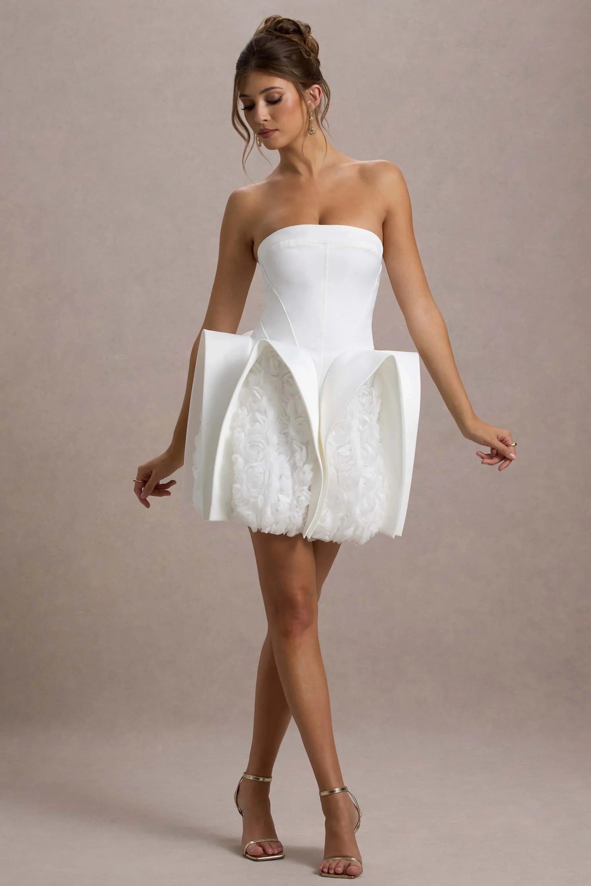 Orchid Oasis White Bandeau Mini Dress With Puff Floral Hem