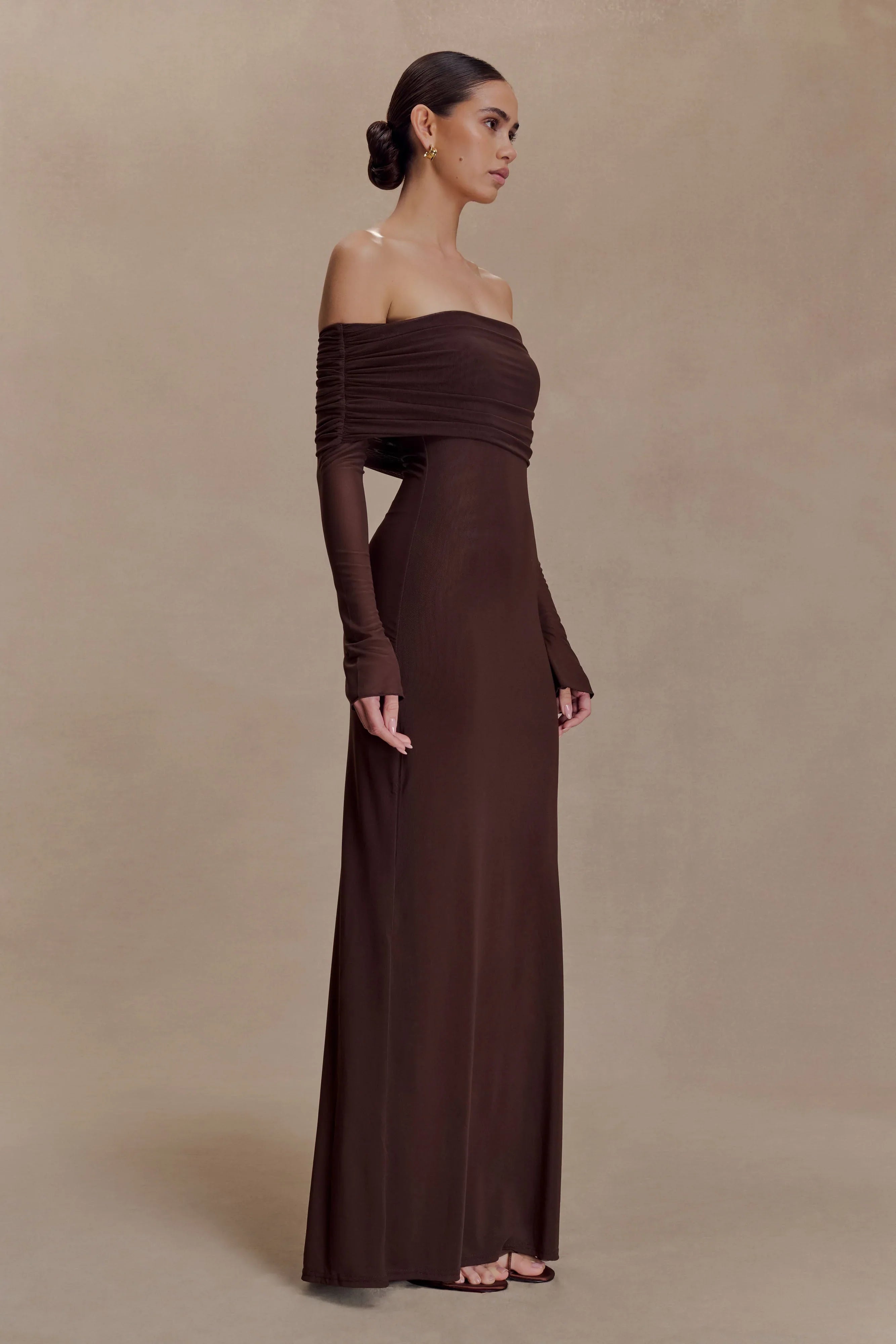 Josie Off Shoulder Mesh Maxi Dress Dark Brown
