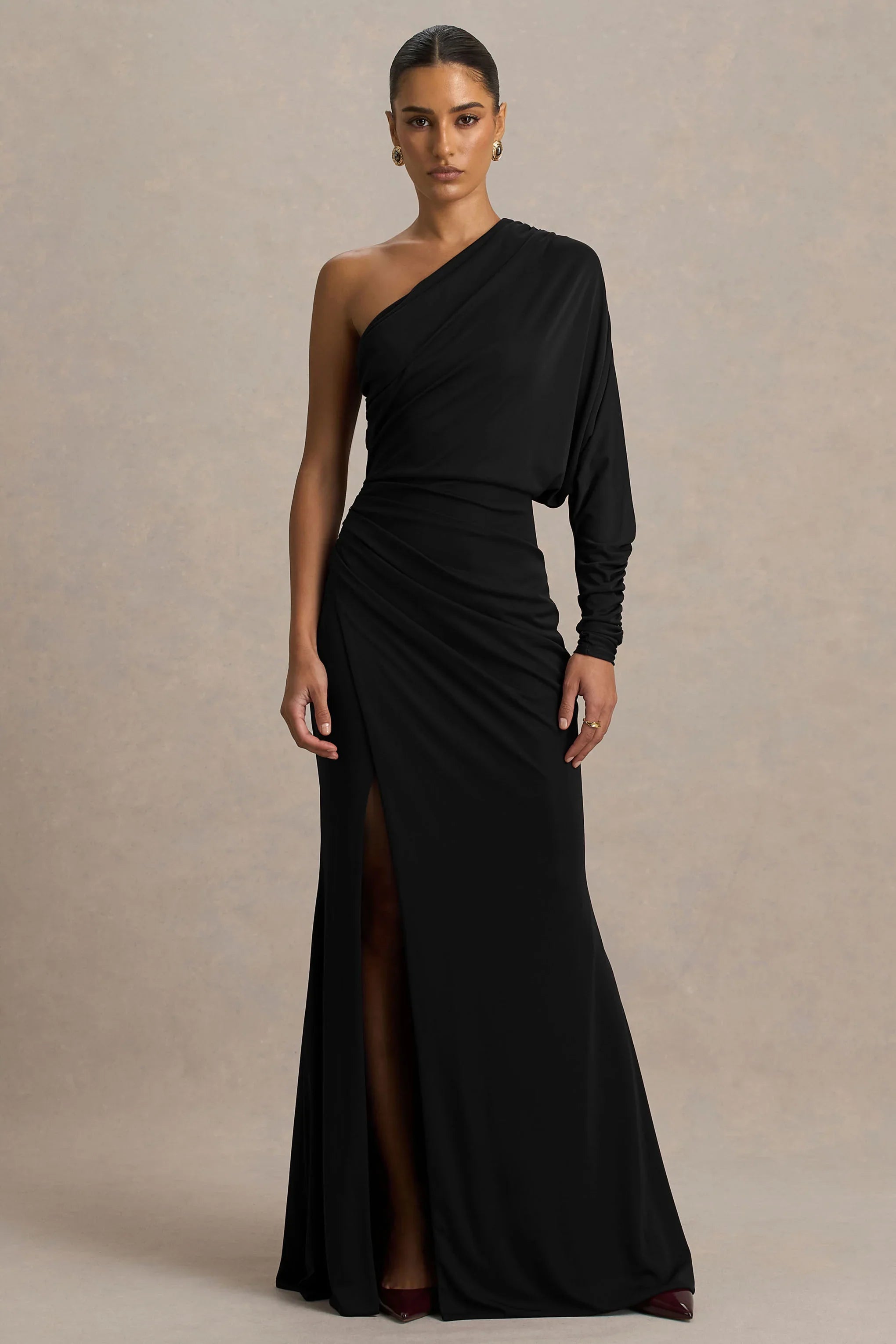 Lola Black Asymmetric Neck Maxi Dress With Ruched Detailing And Front High Split