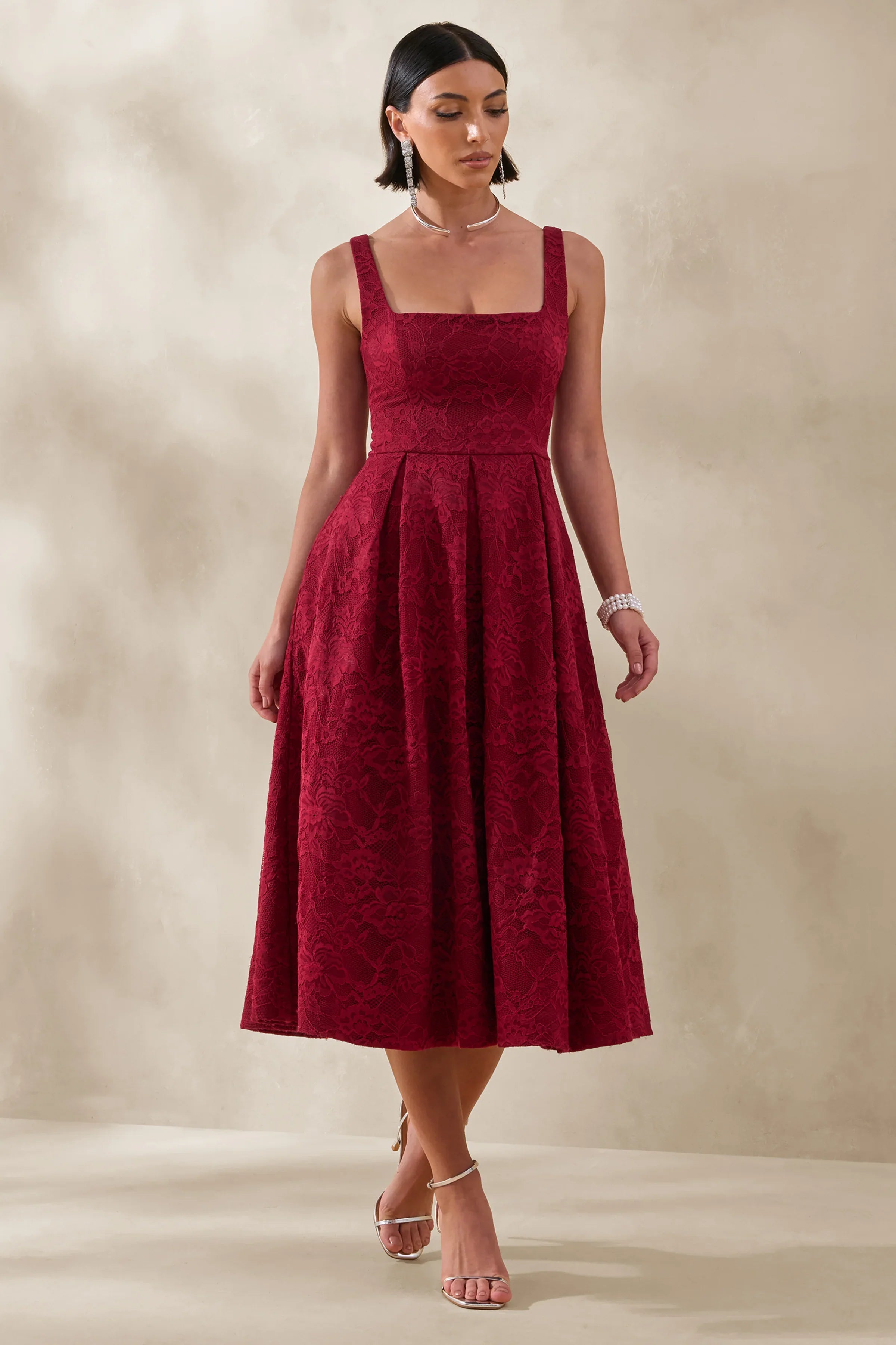 Ashmara Burgundy Lace Square Neck Midi Dress