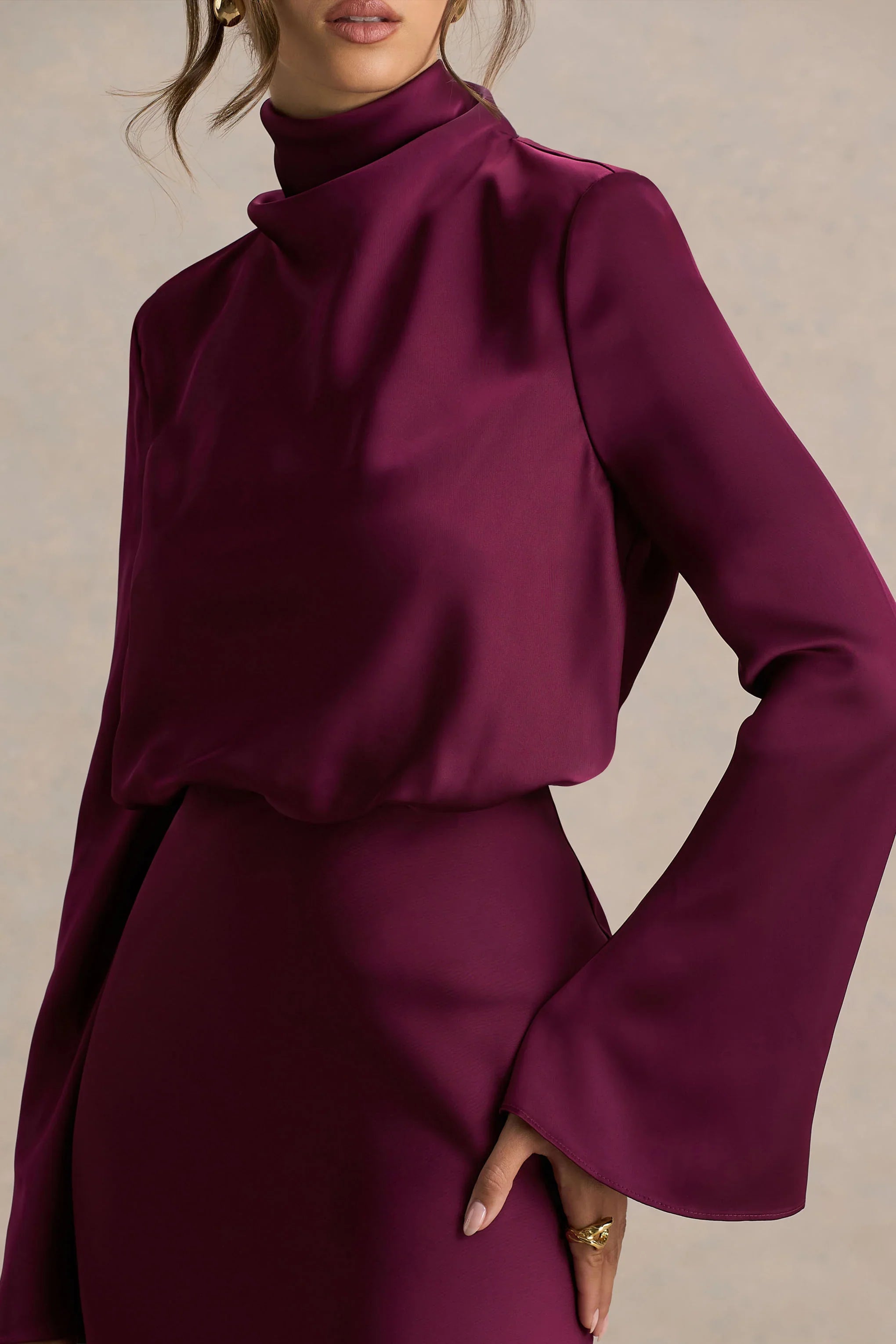 Celina Burgundy Satin High Neck Maxi Dress