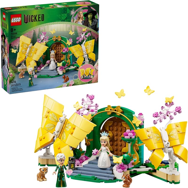 LEGO Wicked Glindas Wedding Day Building Toy Pretend Playset with 2 Minidolls 2 Animal Toy Figures 2 Poseable Butterflies Building Blocks for Kids Ages 8 Gift for Girls Boys 75688