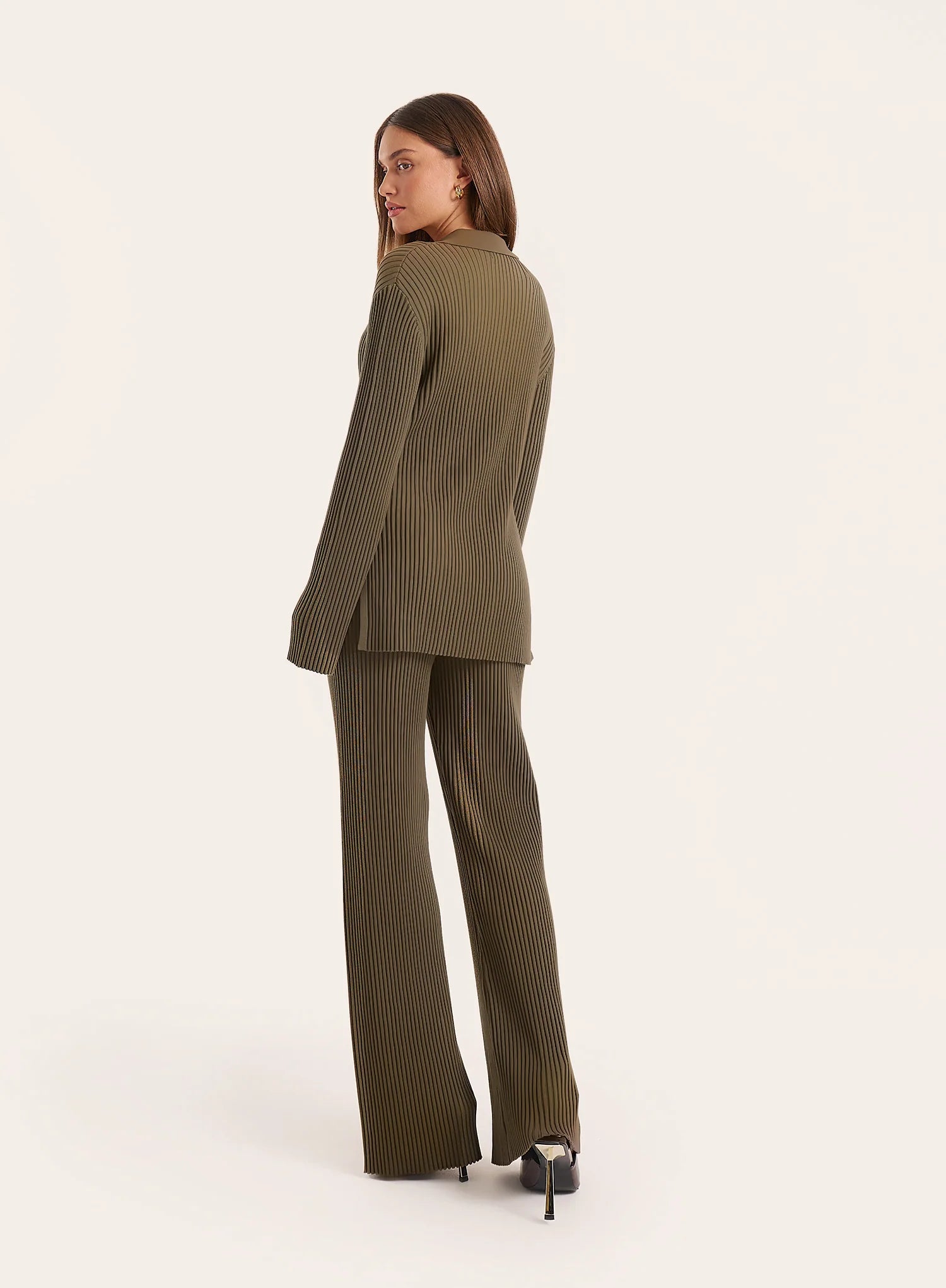 Olive Ribbed Knit Straight Leg Trousers