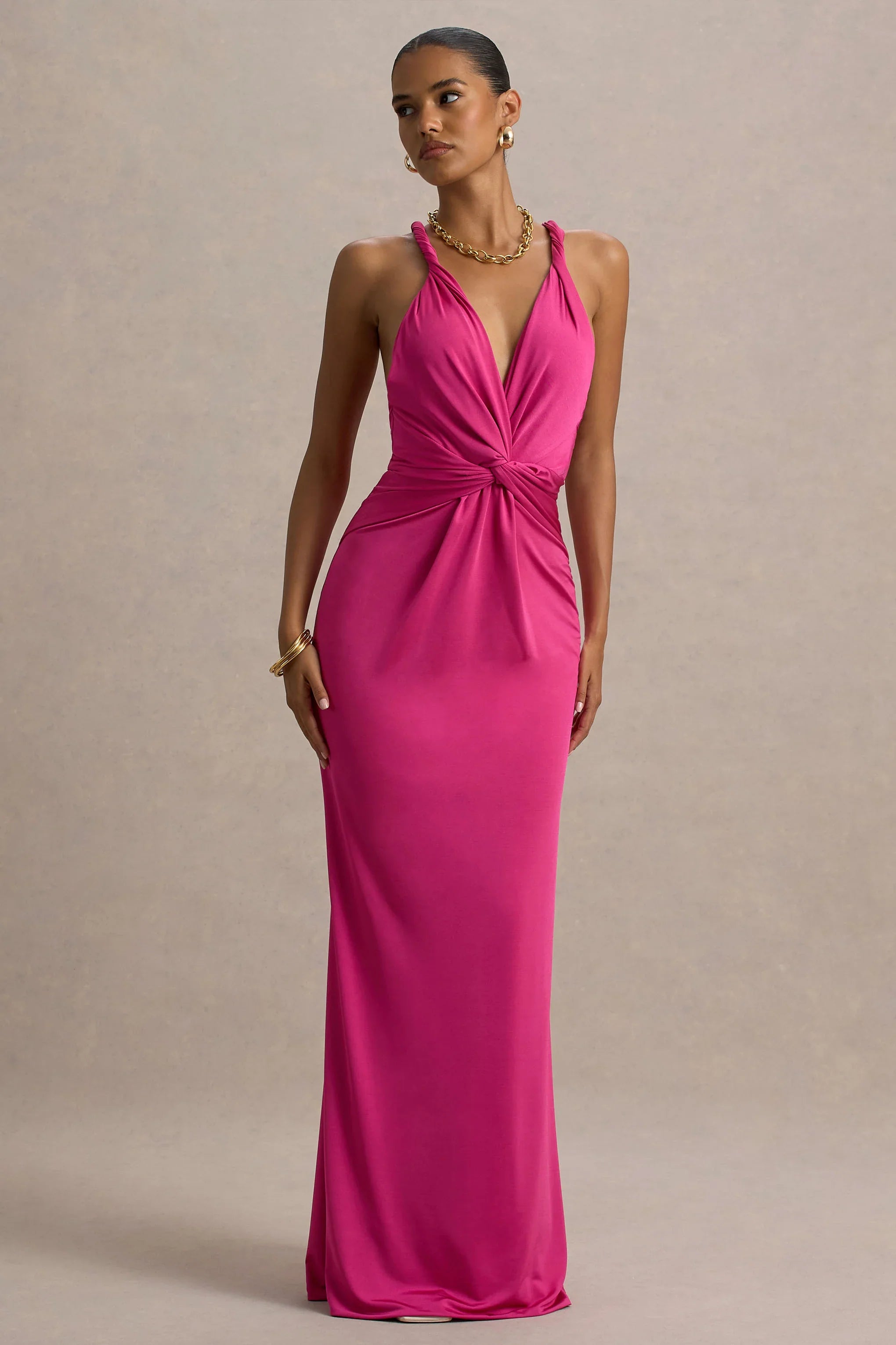 Santez Hot Pink Twisted Plunge Neck Maxi Dress