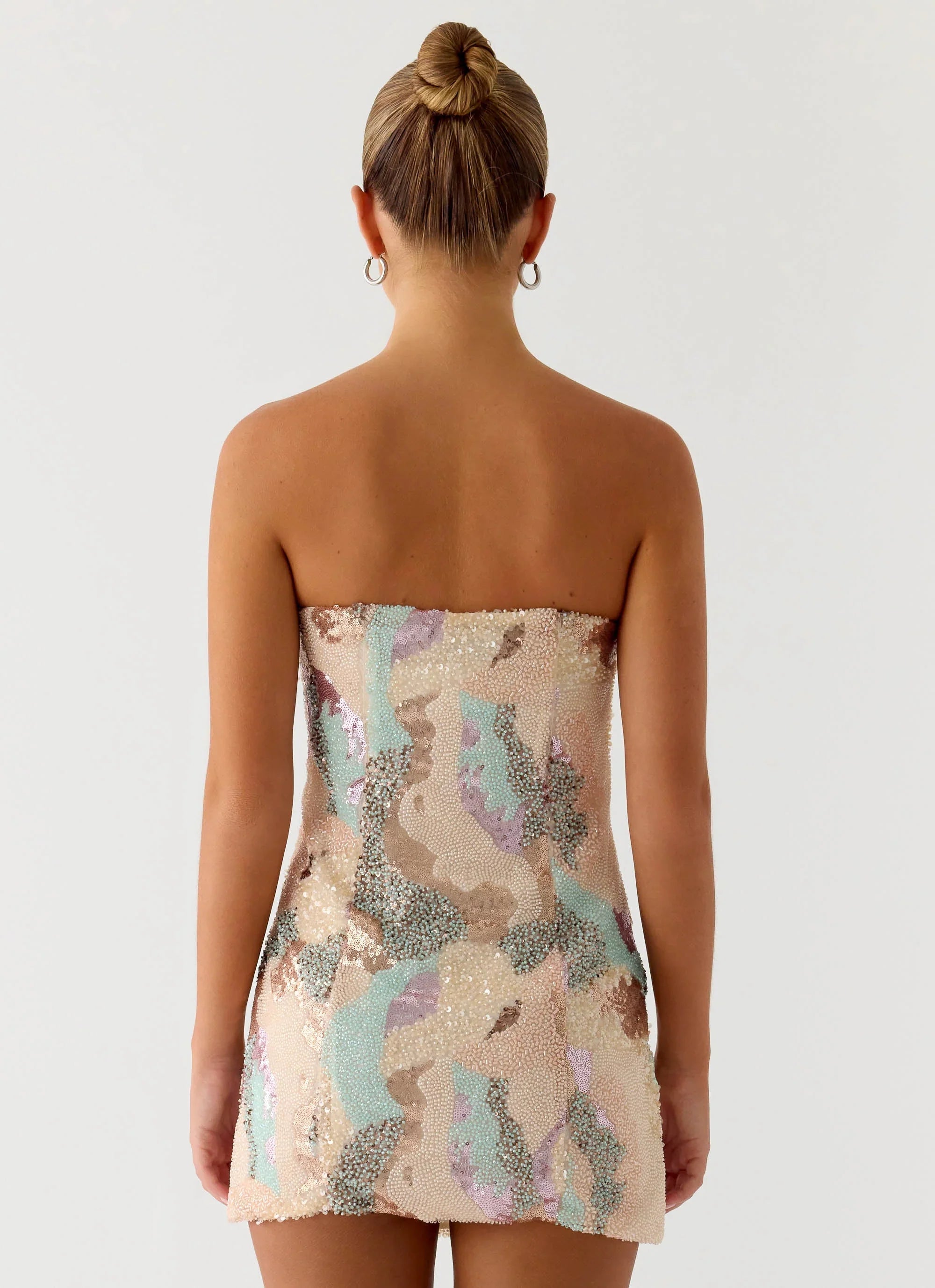 Leena Strapless Beaded Mini Dress Swirl Sequin