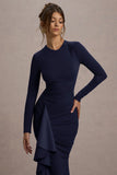 Alayna Navy Long Sleeve Maxi Dress With Ruffled Split