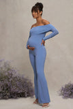 Count Down Powder Blue Maternity Ruched Mesh Bardot Jumpsuit
