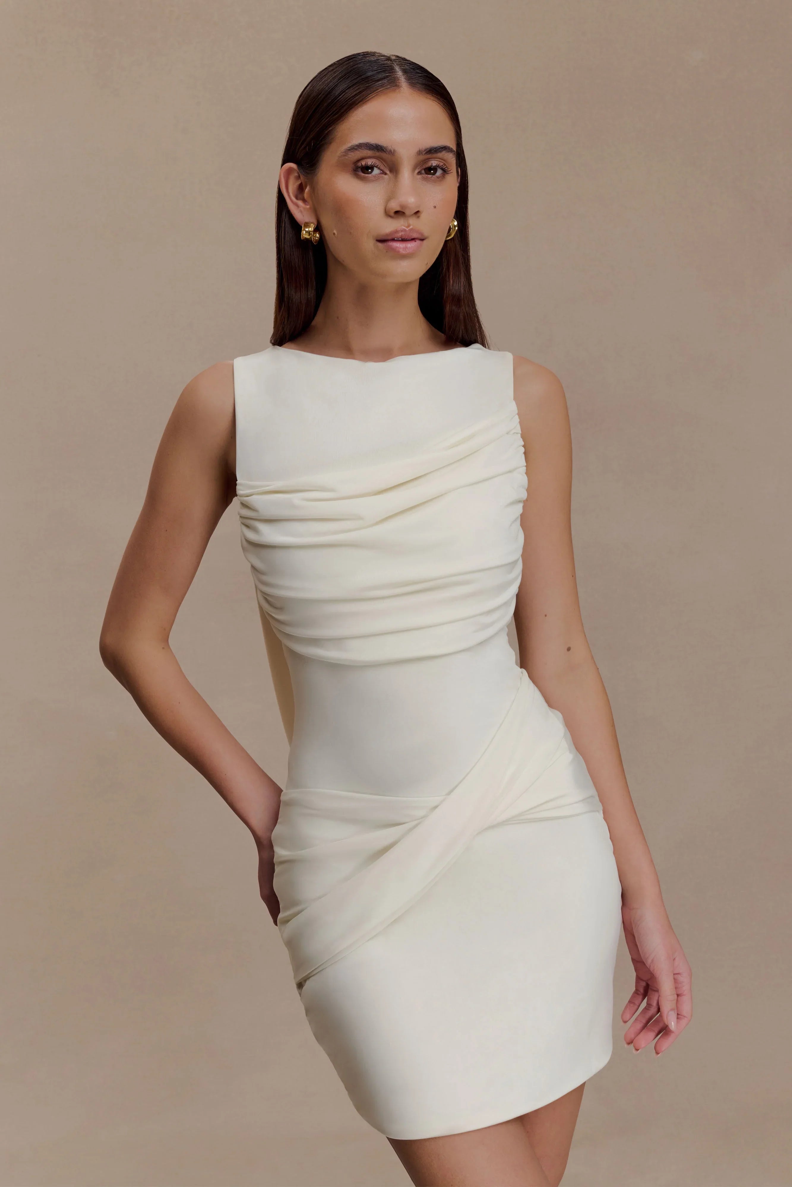 Henley Slinky Drape Mini Dress Ivory