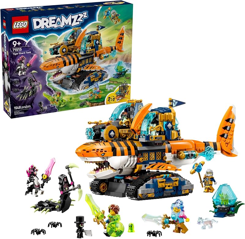 LEGO DREAMZzz Tiger Shark Tank Building Toy for Boys Girls Ages 9 Pretend Play Set for Kids Ages 9 W 2 Build Options Includes 5 Minifigures Gift Idea for Birthdays 71515