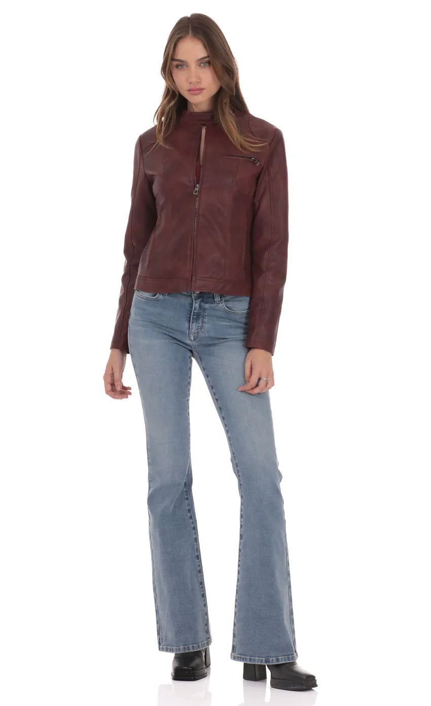 Faux Leather Biker Jacket in Burgundy