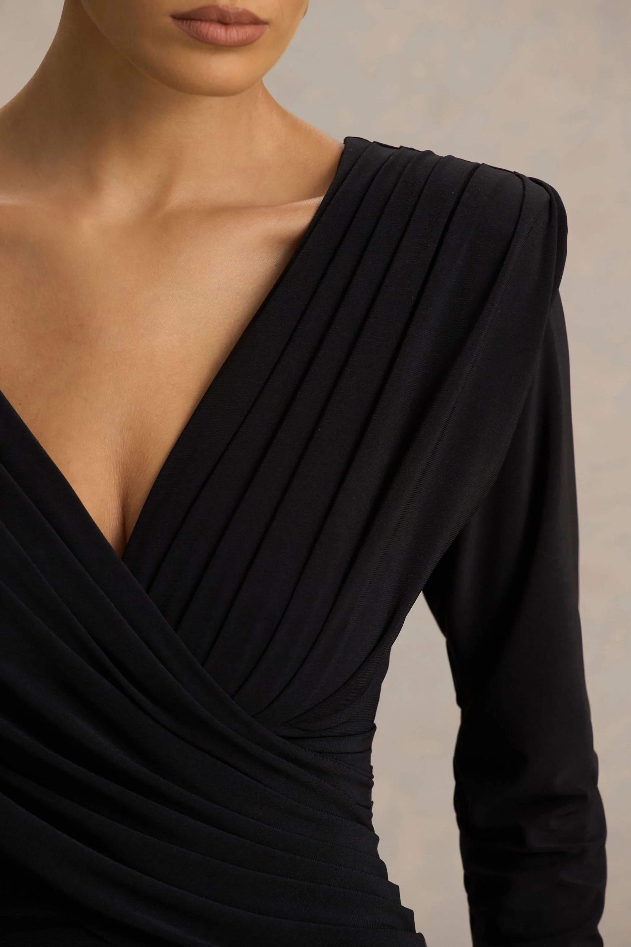 Alexis Black Plunge Neck Midi Dress With Draped And Ruched Detailing