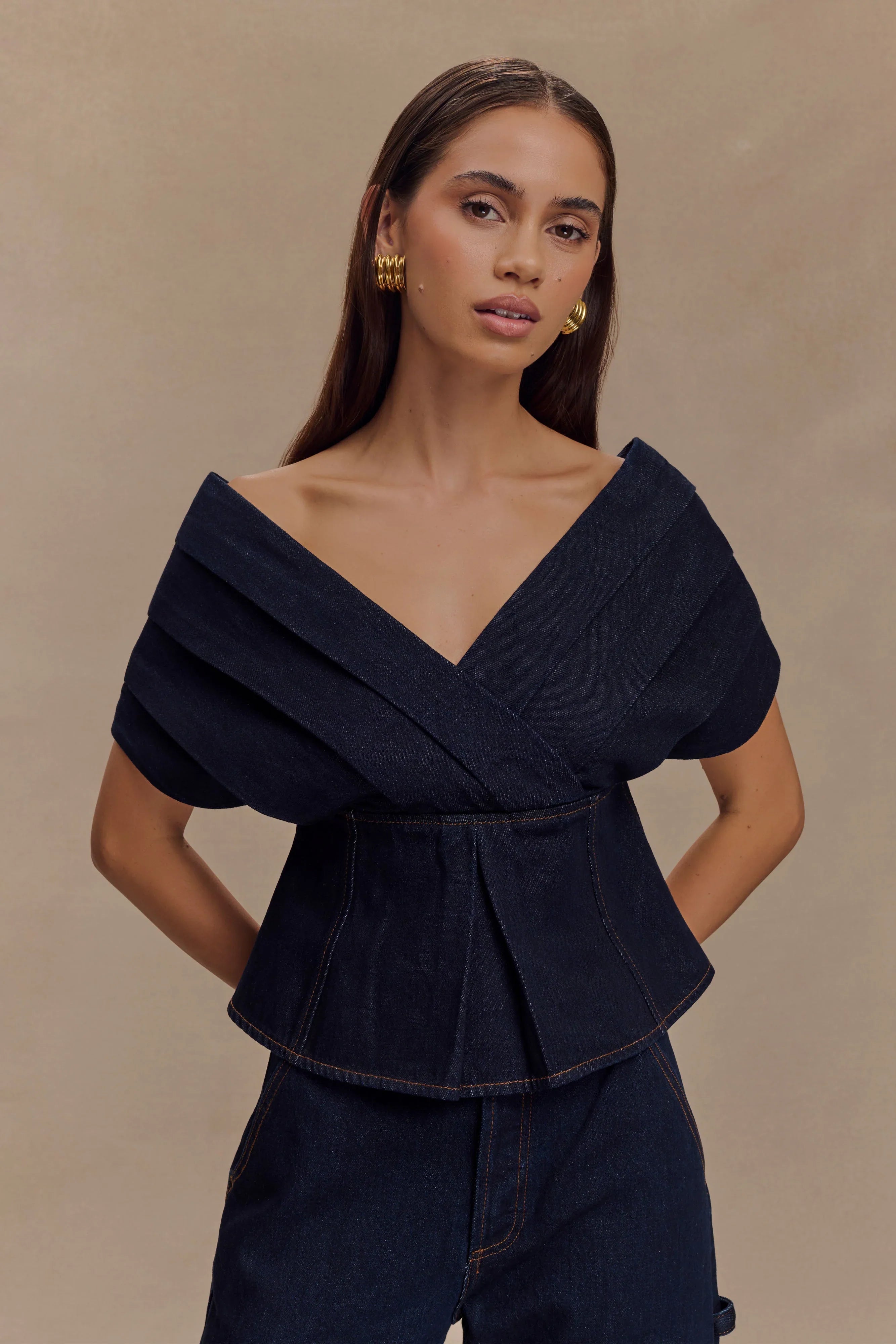 Rayne Off Shoulder Denim Top Indigo Blue