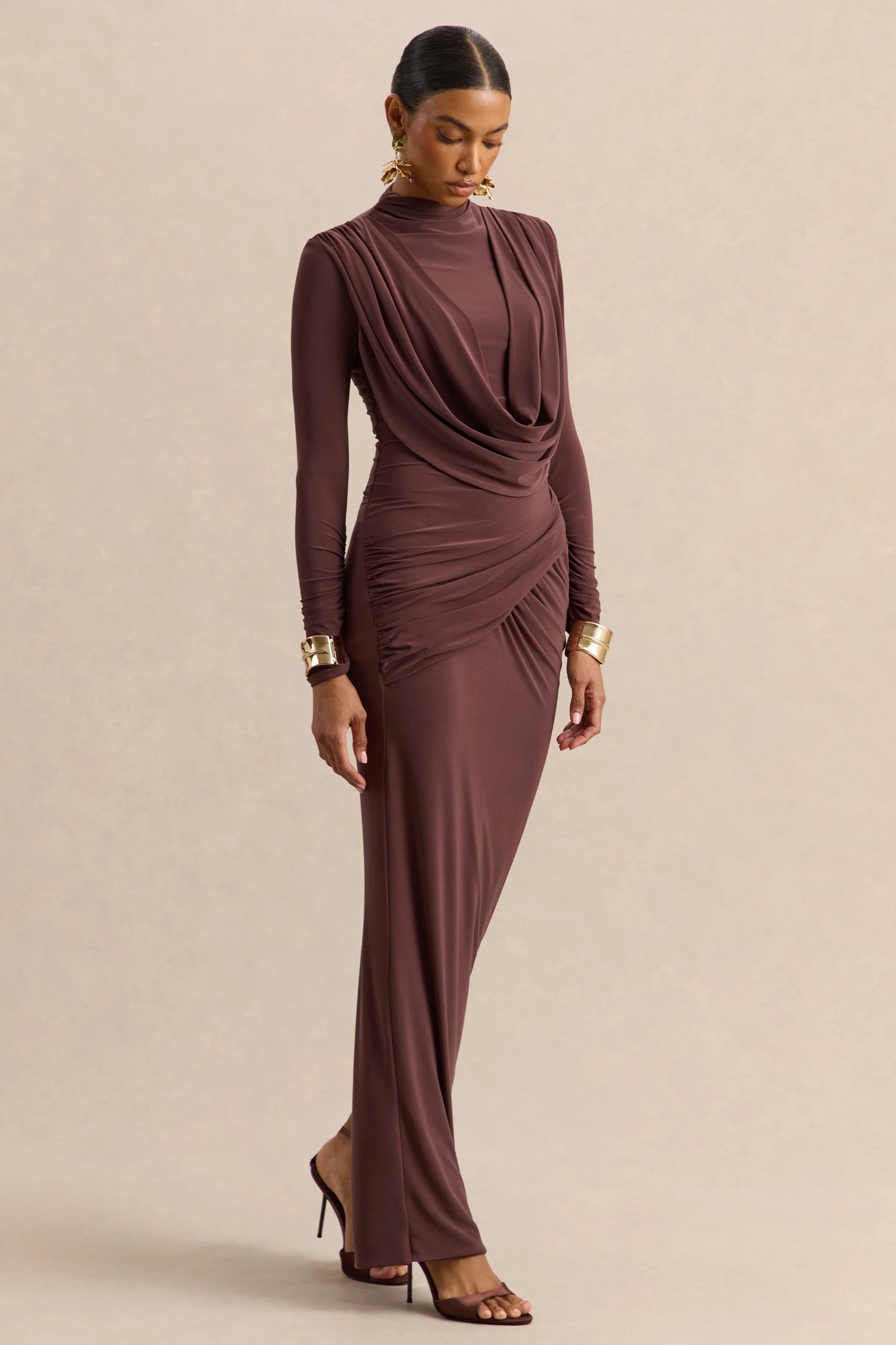 Karinthia Brown High Neck Maxi Dress With Draped Detailing