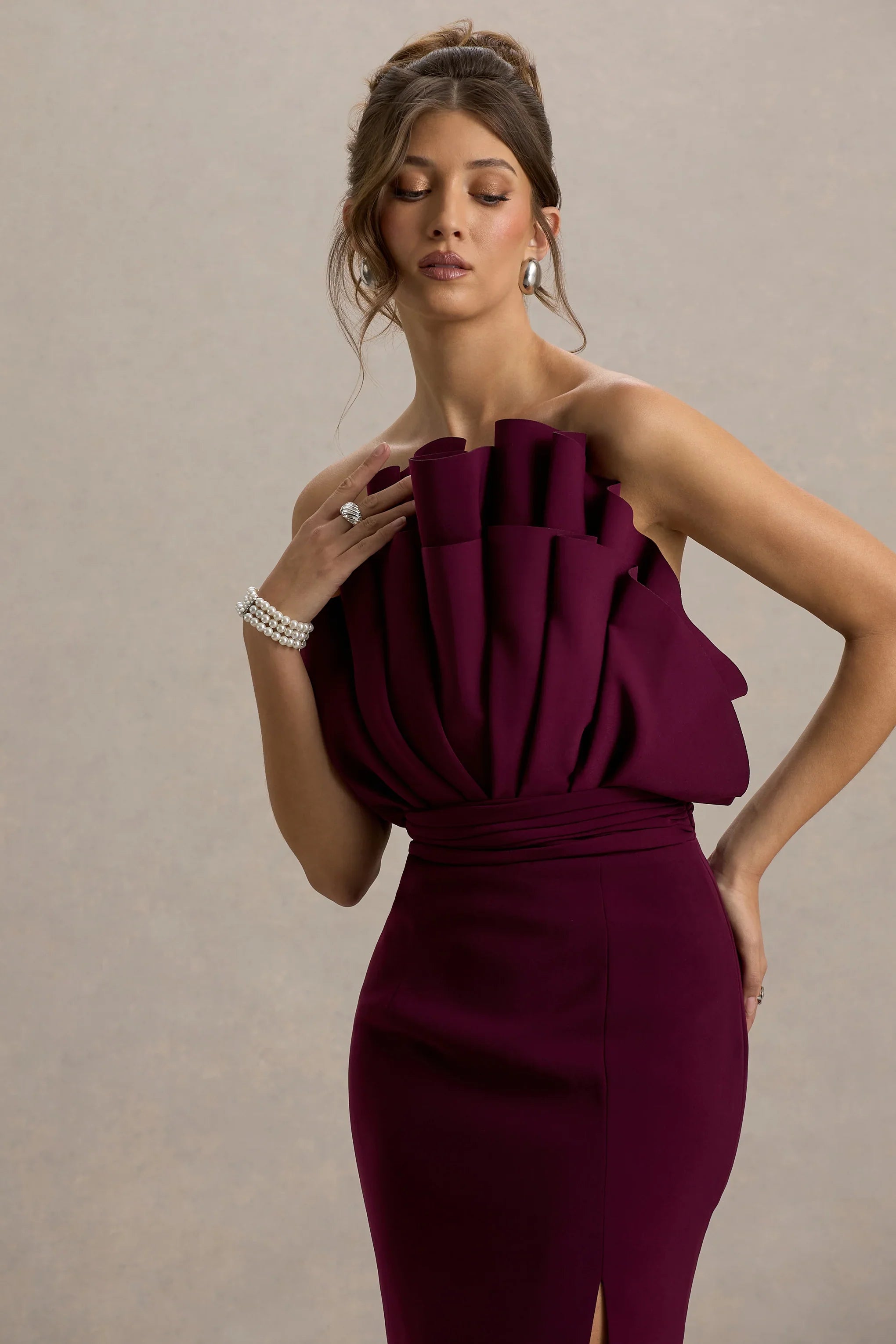 Set The Bar Plum Ruffled Strapless Split Maxi Dress