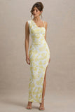 Sitara Lemon Porcelain Print Cowl Neck Maxi Dress With Asymmetric Skirt