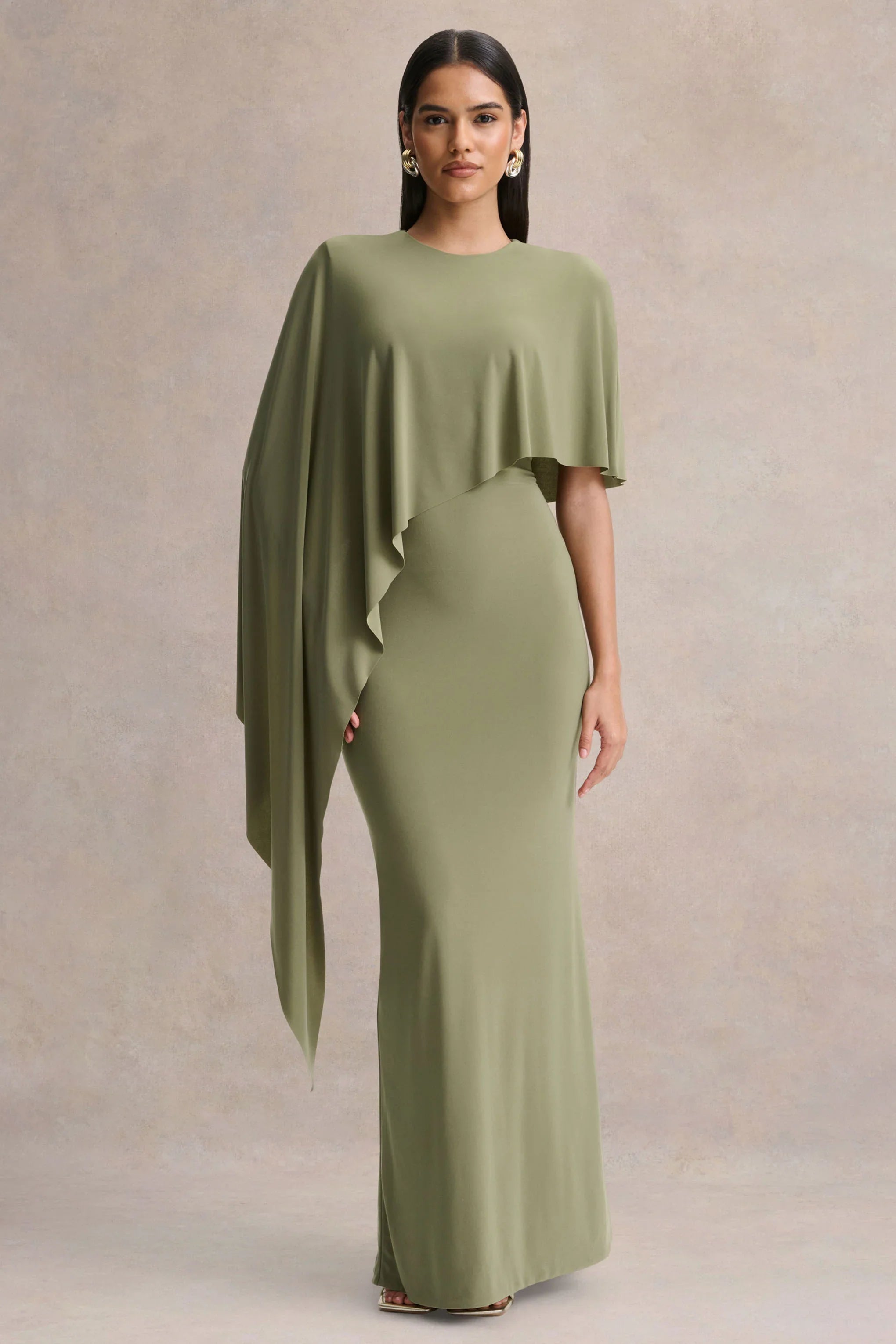 Ravena Olive Crew Neck Maxi Dress With Asymmetric Cape Sleeve