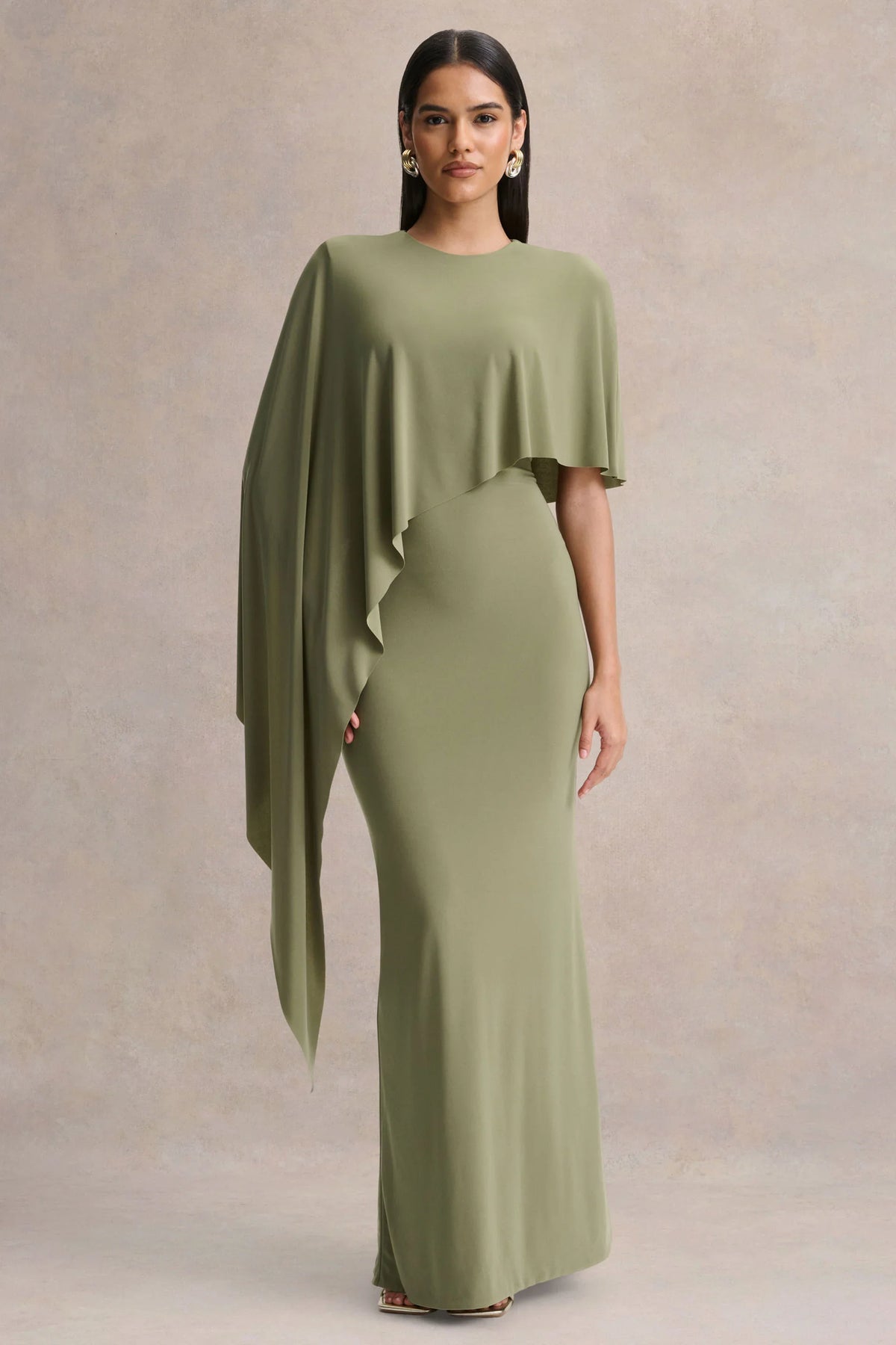 Ravena Olive Crew Neck Maxi Dress With Asymmetric Cape Sleeve