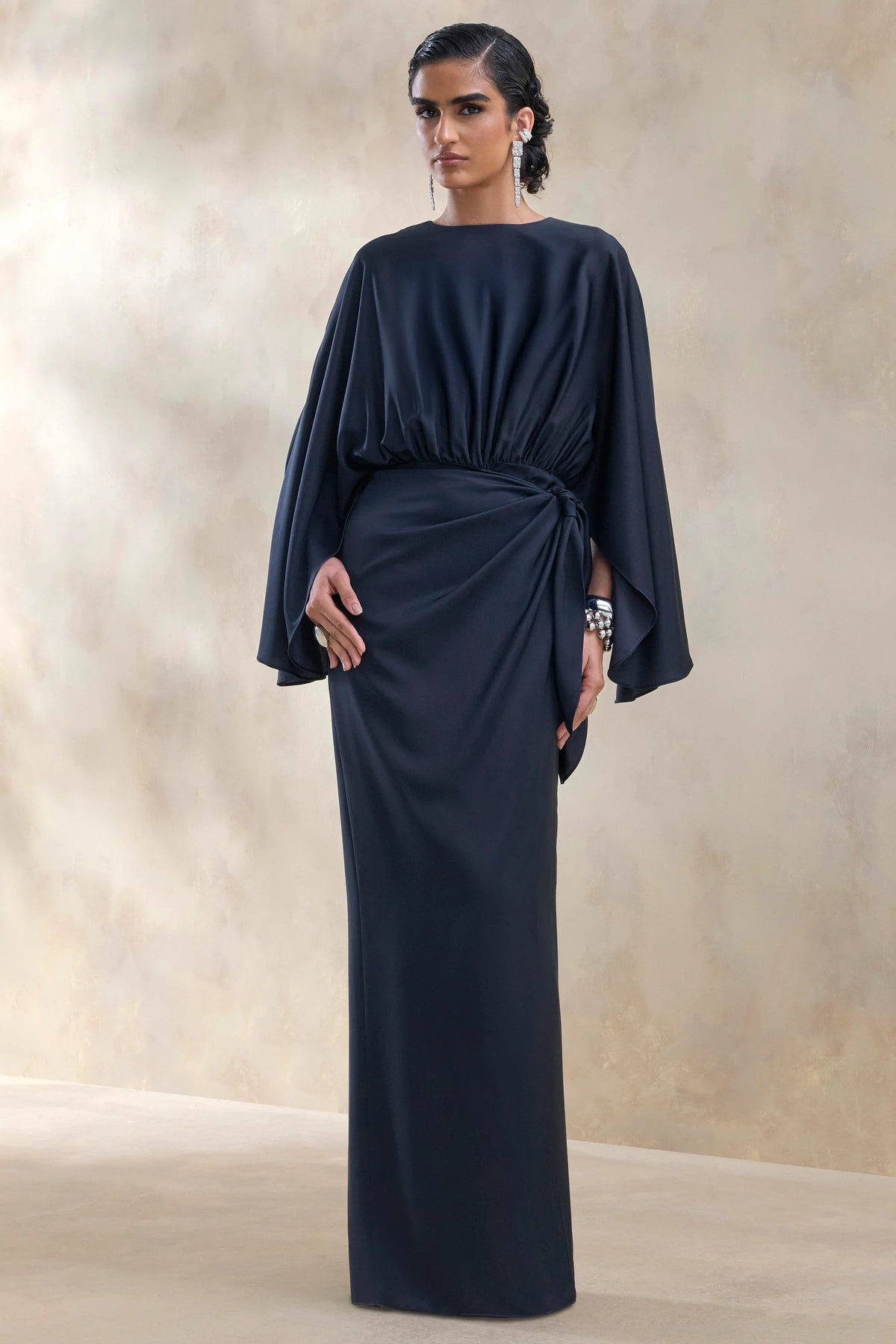 Delphina Navy Satin Maxi Dress With Gathered And Knot Detail