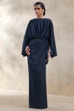 Delphina Navy Satin Maxi Dress With Gathered And Knot Detail