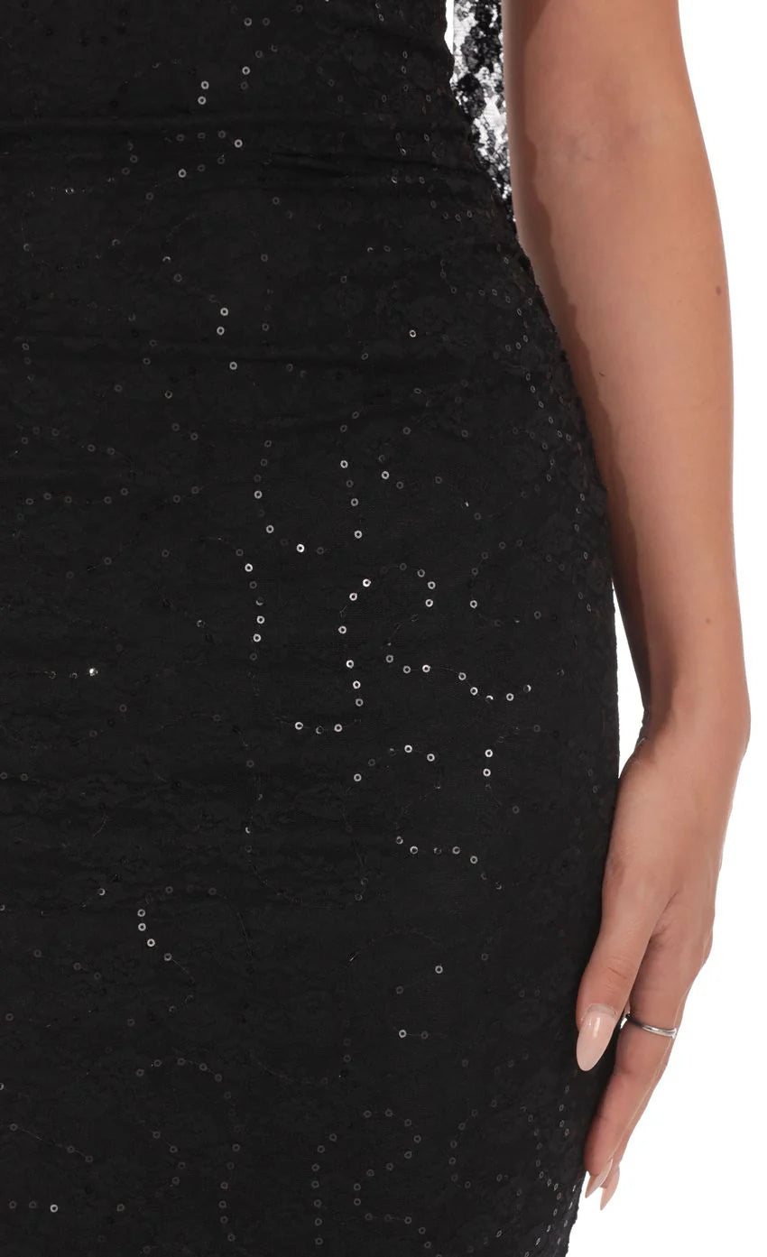 Sequin Scarf Lace Maxi Dress in Black