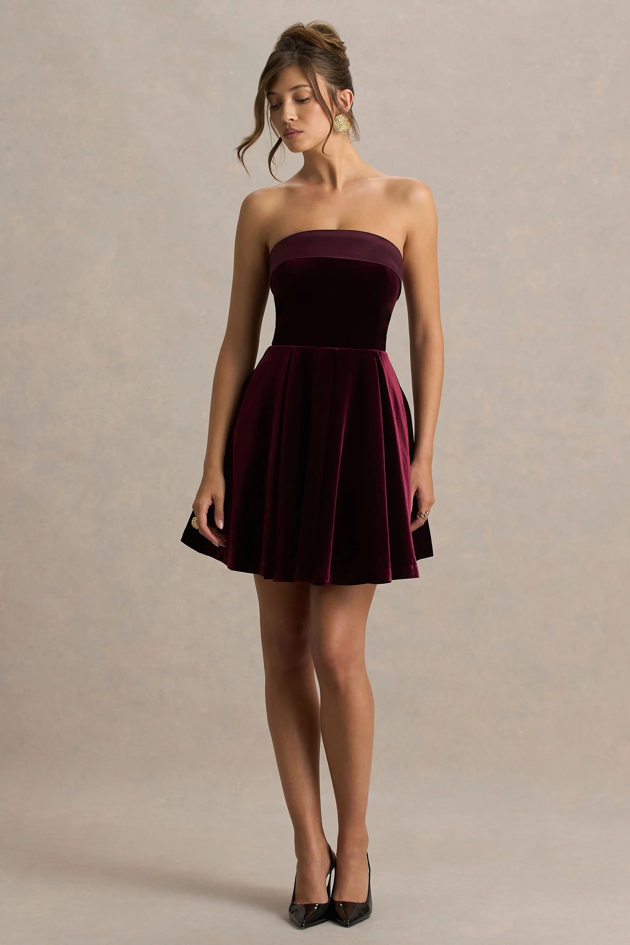 Mina Burgundy Velvet And Satin Bandeau Skater Mini Dress