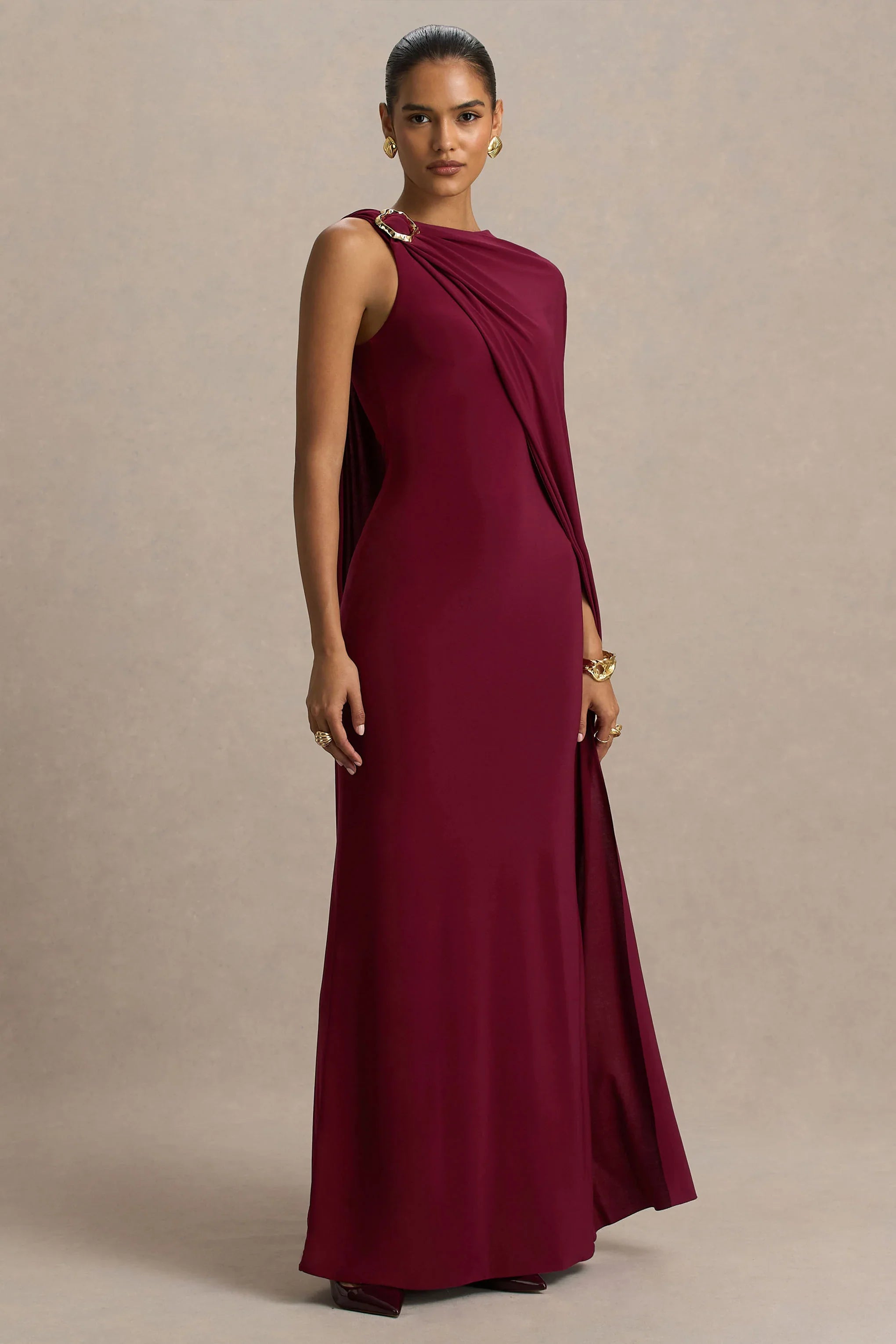 Cressida Burgundy Asymmetric Neck Maxi Dress With Cape And Gold Detail