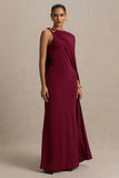 Cressida Burgundy Asymmetric Neck Maxi Dress With Cape And Gold Detail