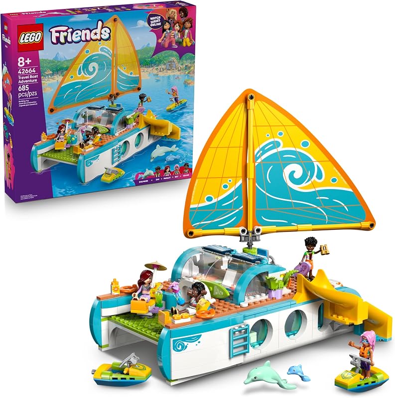 LEGO Friends Travel Boat Adventure Pretend Play Building Toy Toy Boat Playset with Playful Dolphin Figurines and 4 Minidolls Birthday Gift Idea for Girls and Boys Ages 8 and Up 42664