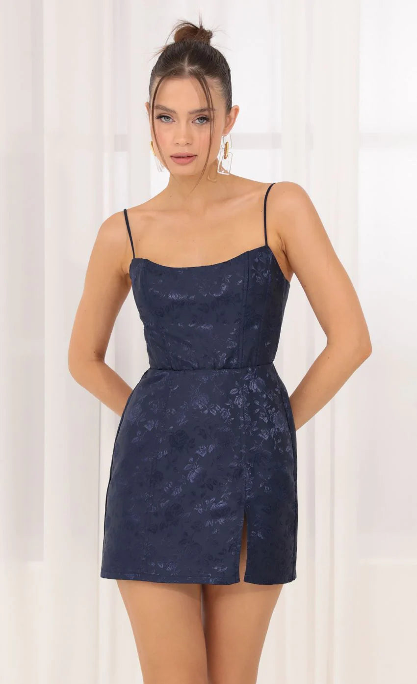 Floral Jacquard Corset Dress in Navy