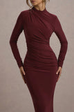 Hespera Port High Neck Long Sleeve Gathered Maxi Dress