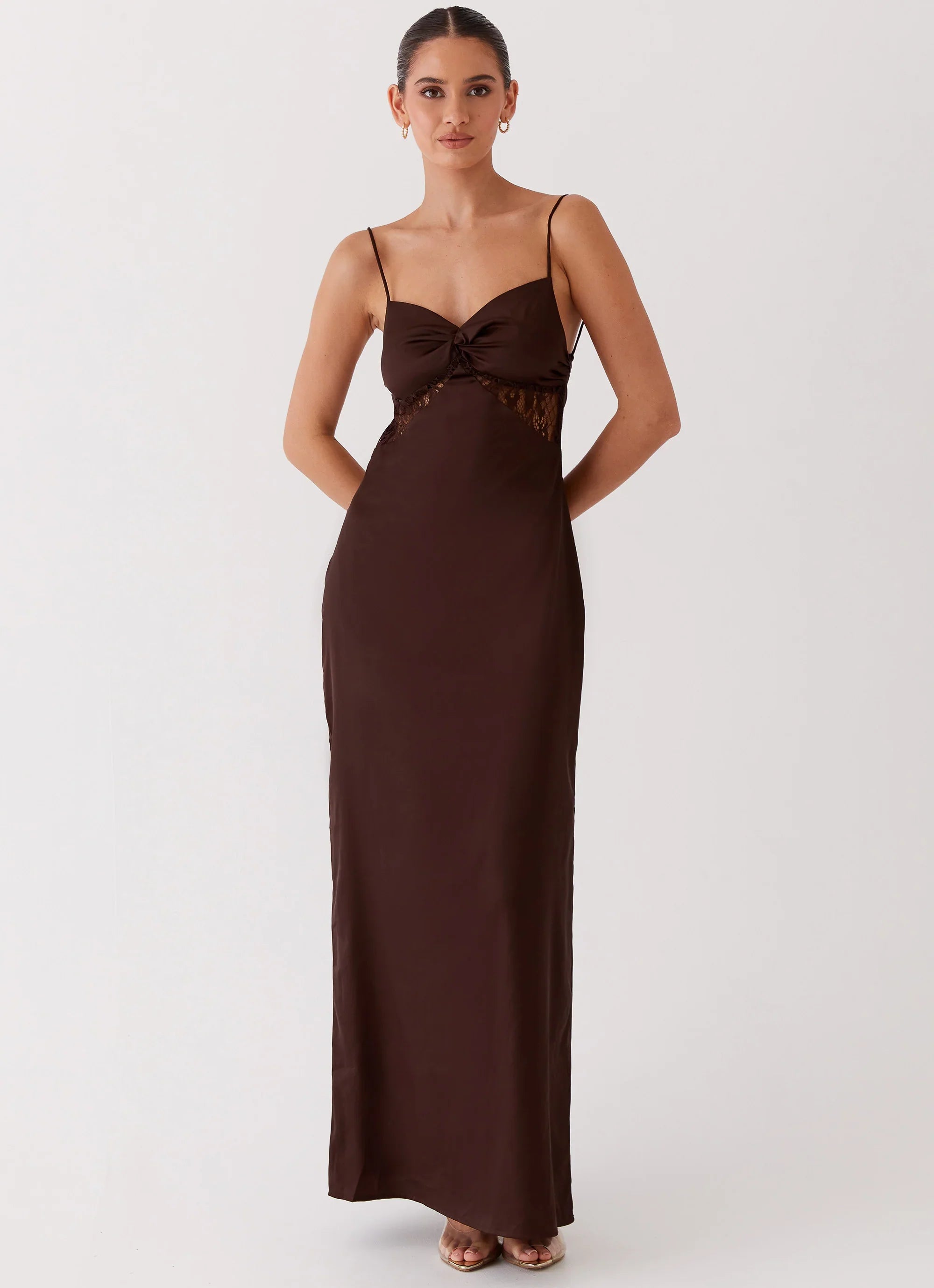 Dream Sight Lace Satin Maxi Dress Chocolate