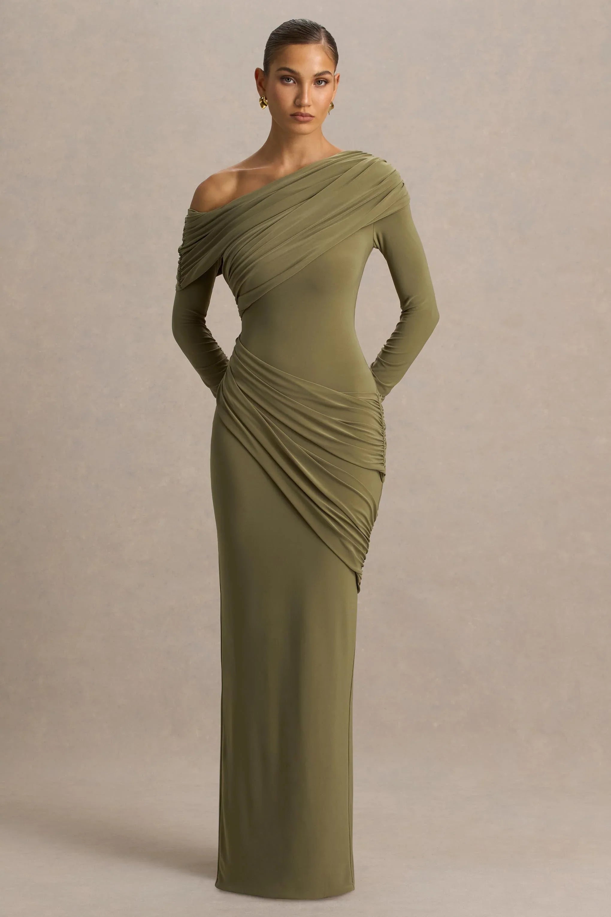 Perrie Olive Asymmetric Neck Maxi Dress With Ruched Detailing