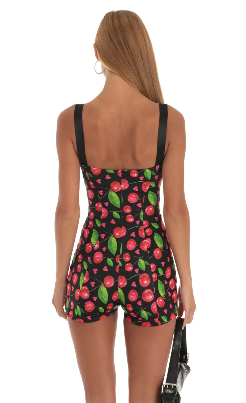 Hook and Eye Romper in Black Cherry Print