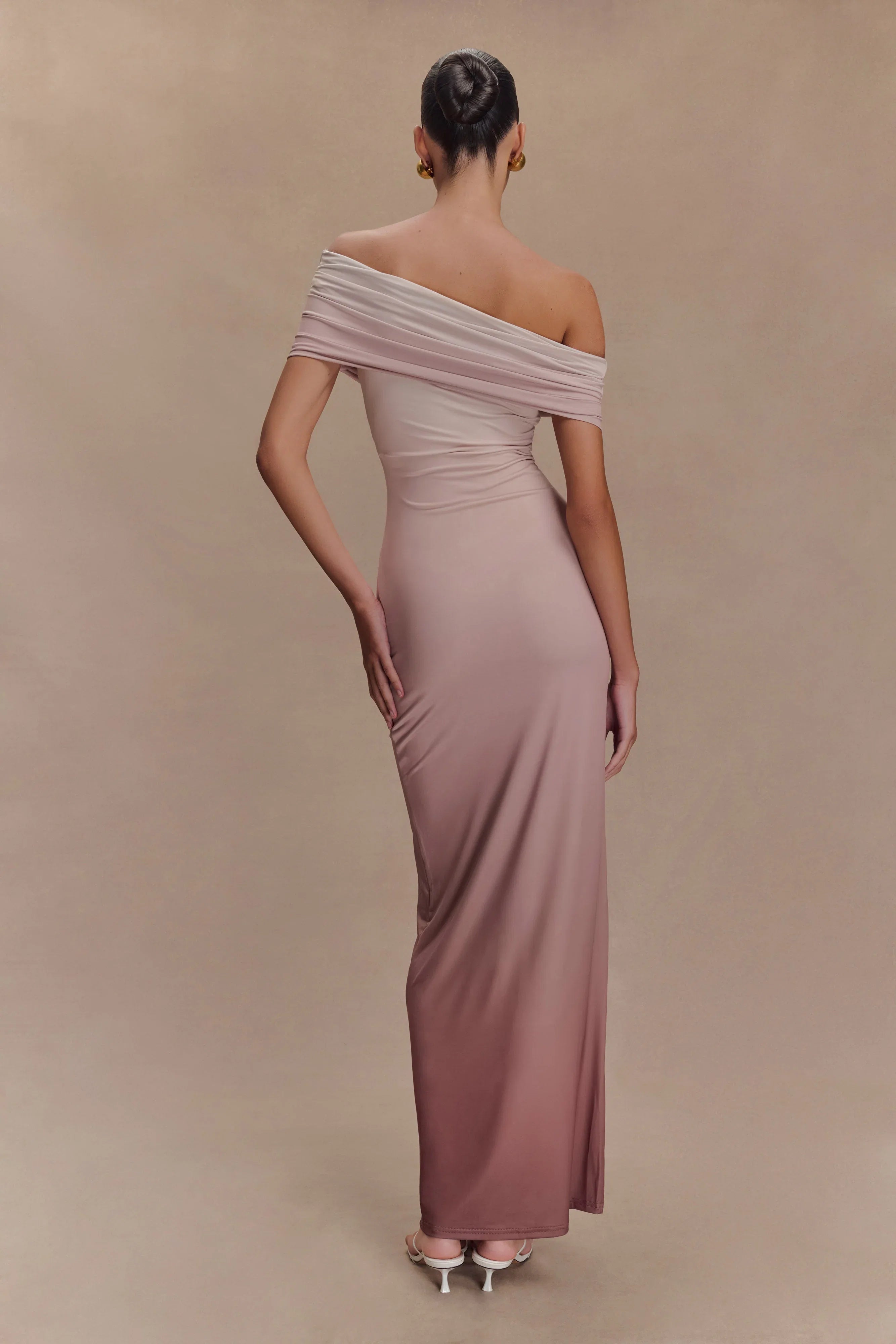 Cassandra Off Shoulder Slinky Maxi Dress Neutral Ombre