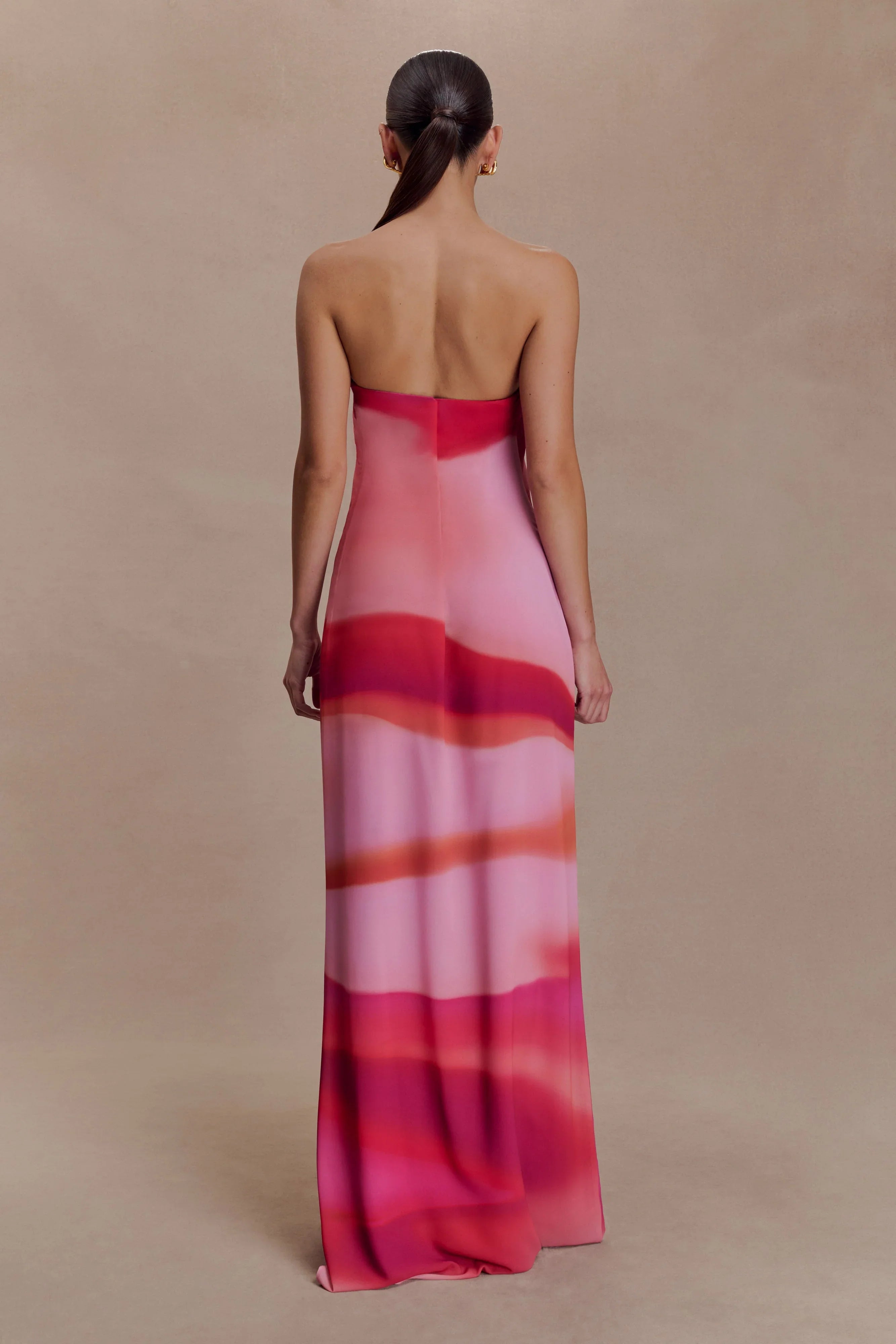 Amaya Strapless Chiffon Maxi Dress Pink Sunset Print