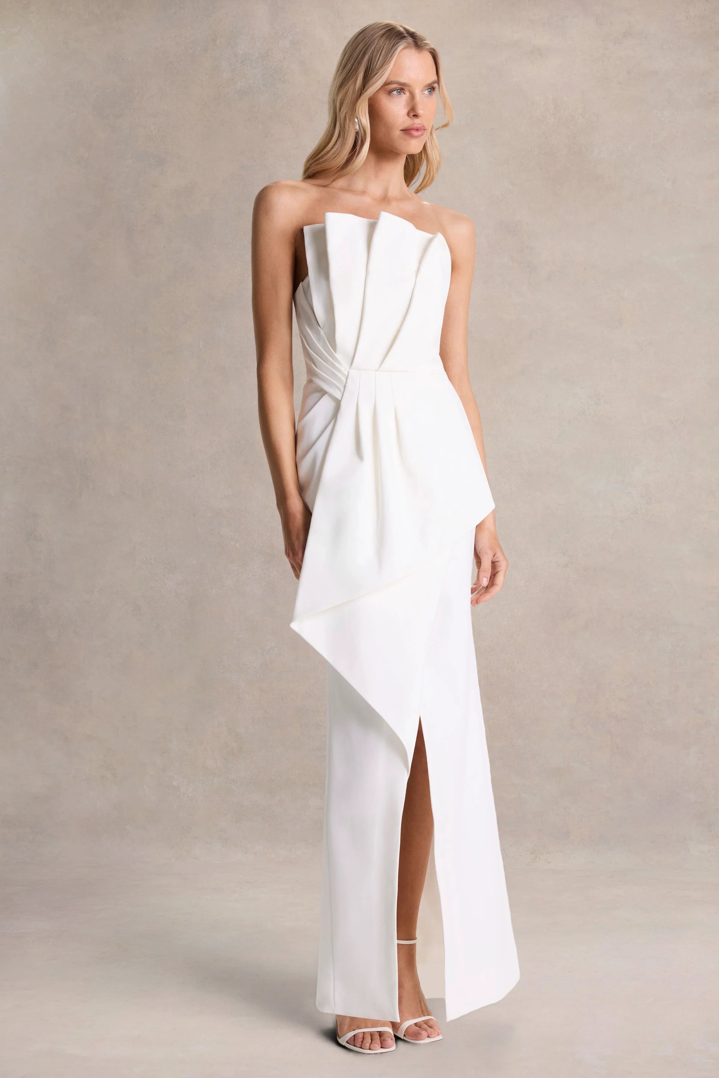 Dreamy Whispers Cream Strapless Ruffle Split Maxi Dress