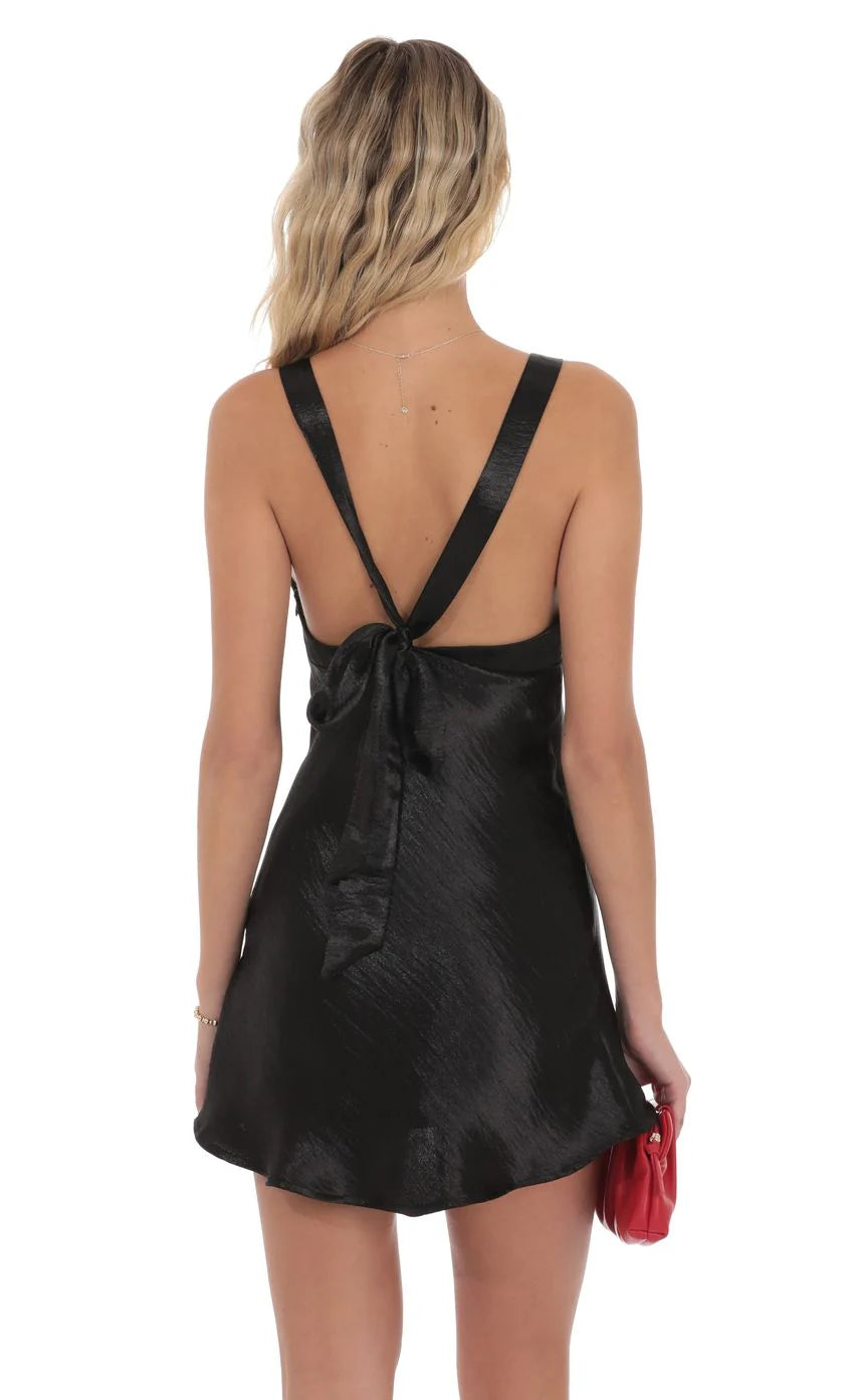 Satin V Neck Open back Dress in Black