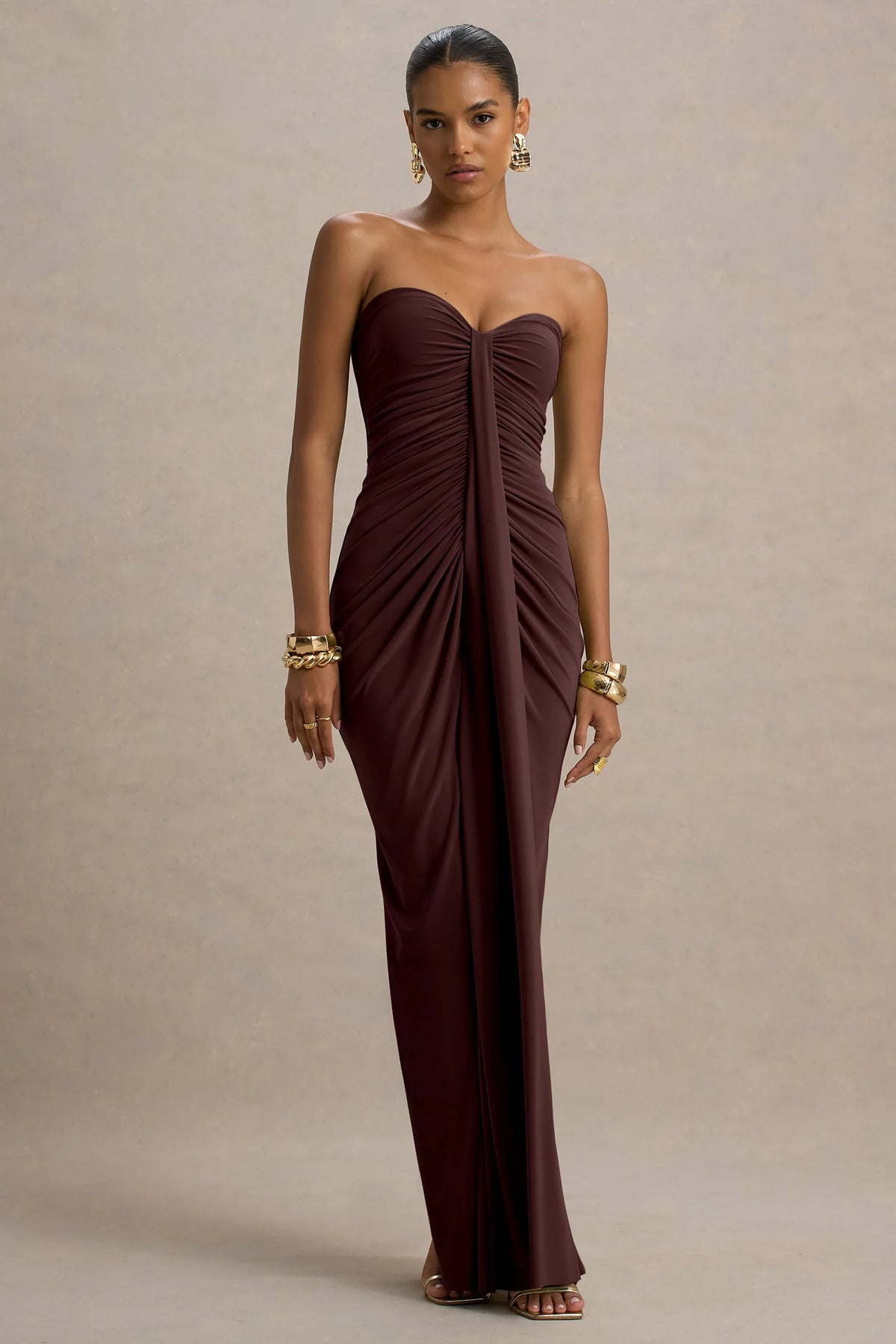 Ali Warm Brown Sweetheart Ruched Wrap Maxi Dress