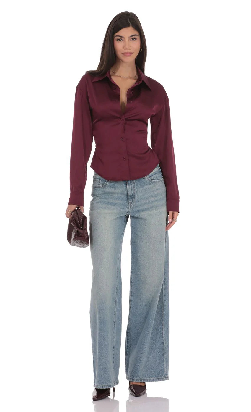Satin Button Up Shirt in Burgundy