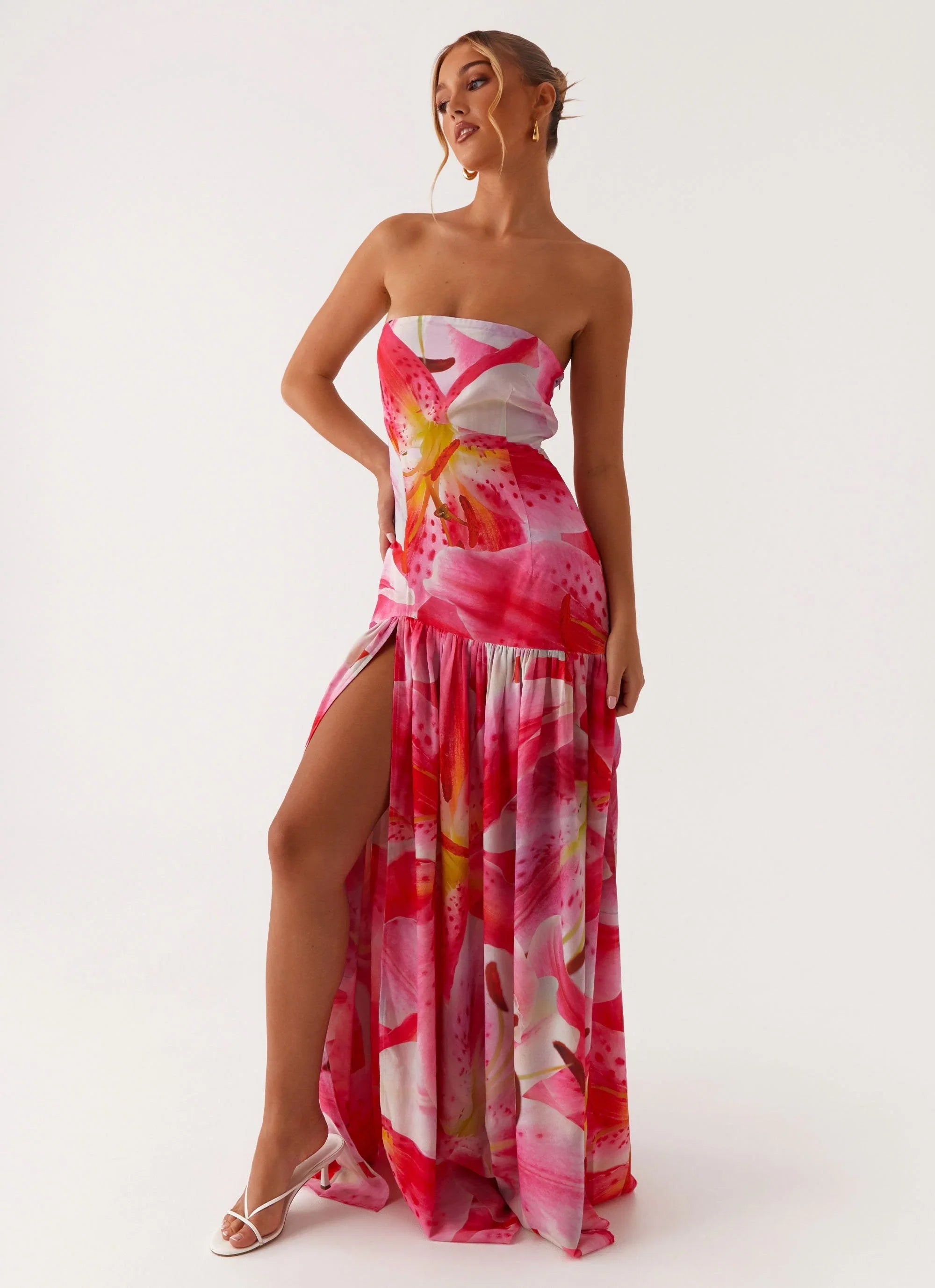 Eden Strapless Maxi Dress White Pink Lilly