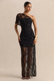 Fressia Black Lace Asymmetric Neck Maxi Dress With Draped Detailing