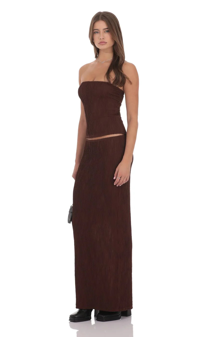 Textured Sheer Maxi Skirt in Brown