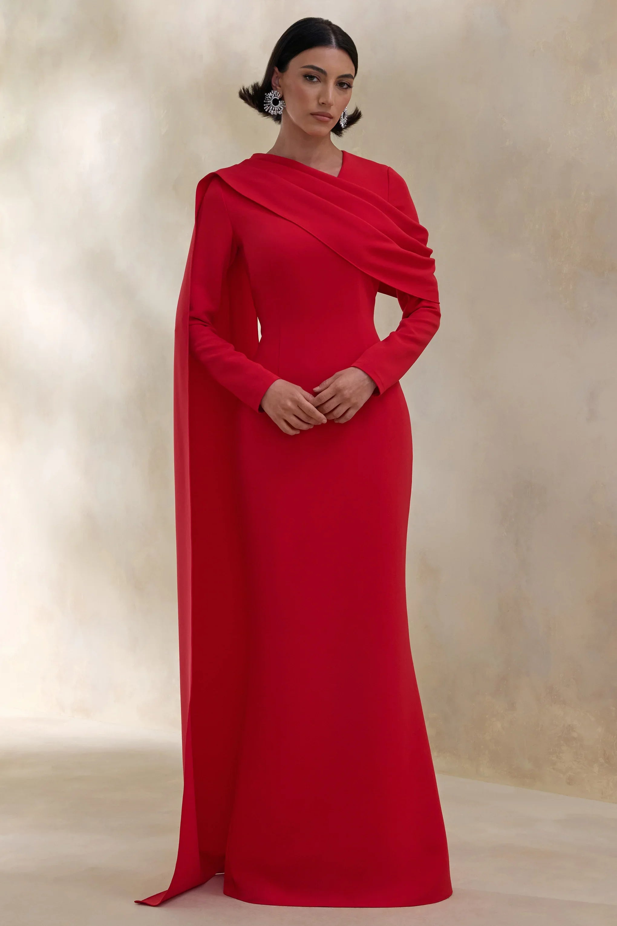 Heliora Red V Neck Maxi Dress With Sash And Draped Detail