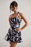 Zahra Zebra Print Halter Neck Ruched Mini Dress With Ruffle Hem