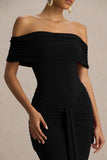 Envisioned Black Bardot Neck Maxi Dress With Gathered And Drape Detail