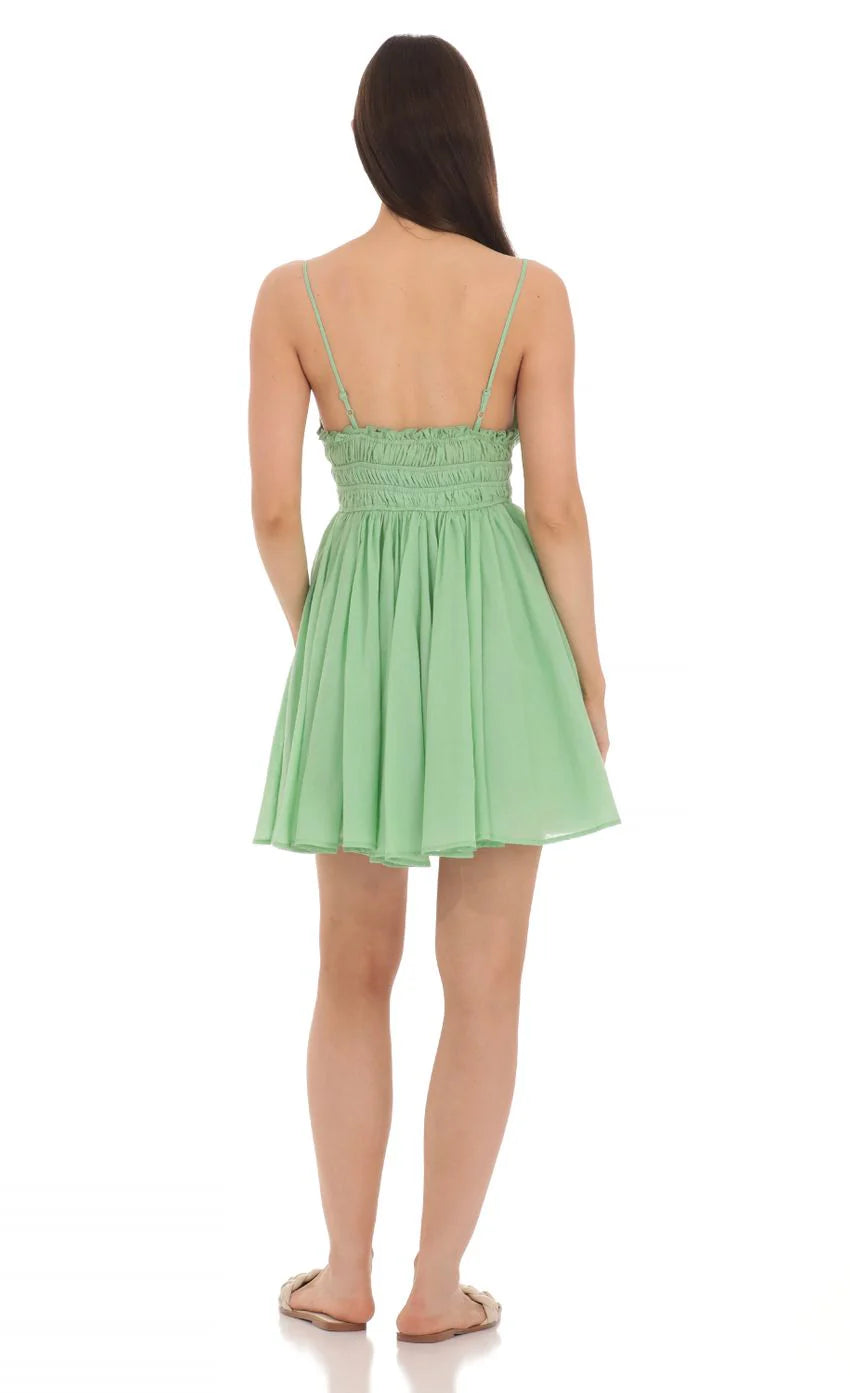 Lace Trim V Neck Dress in Green