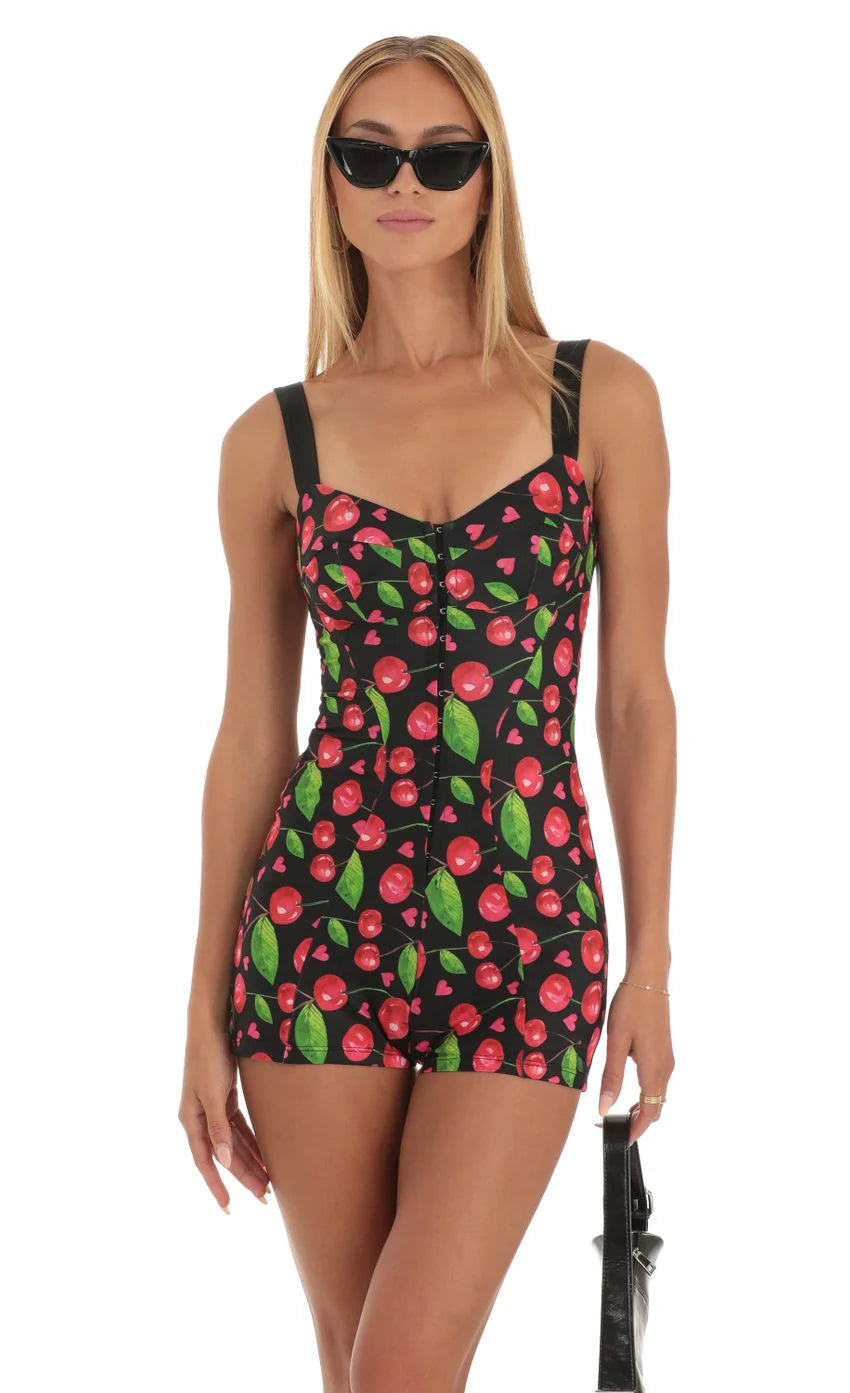 Hook and Eye Romper in Black Cherry Print